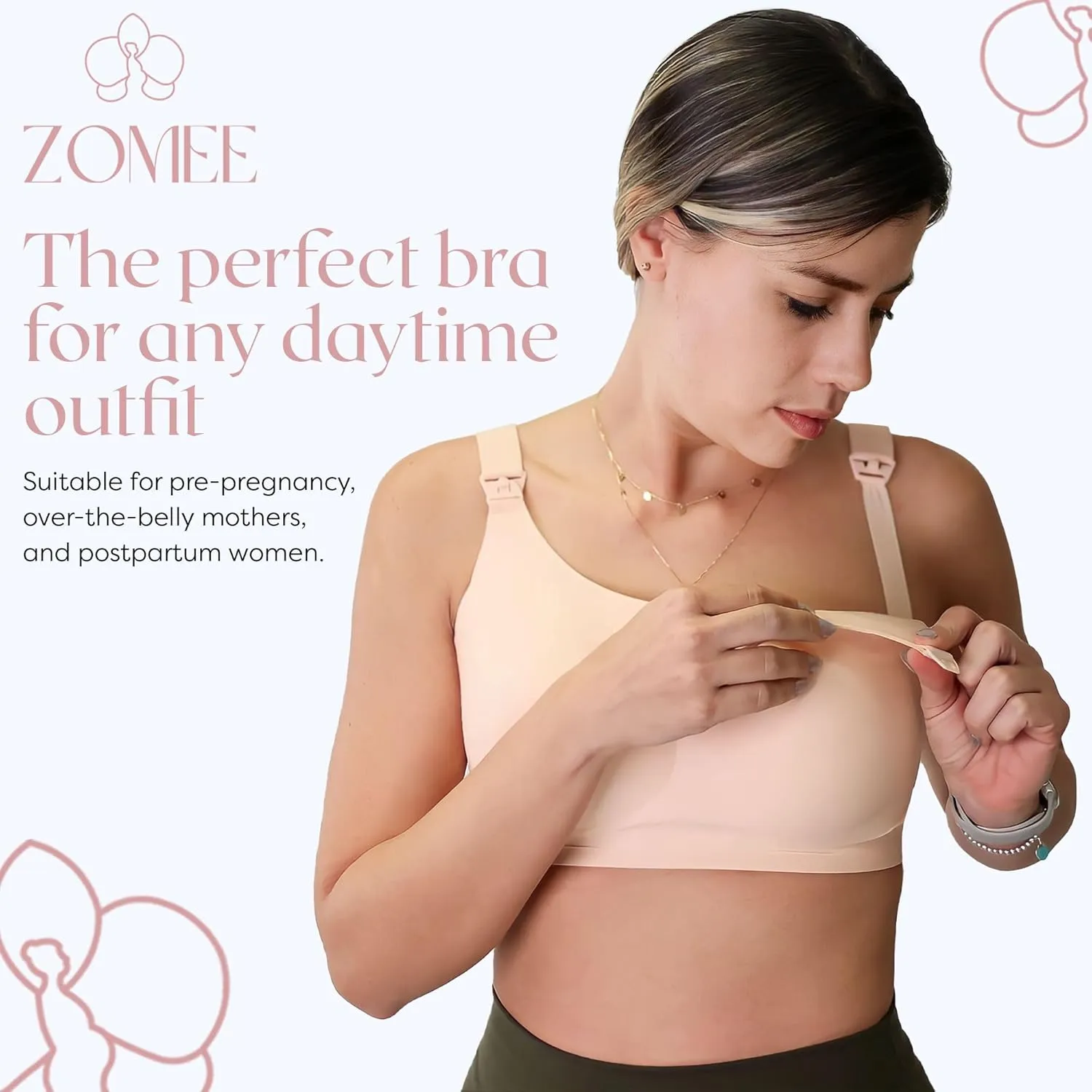 Zomee Ultra Comfort Nursing Bra for Breastfeeding Mom,Pregnancy Secure Wireless Seamless Maternity Bralette Sleeping (Nude)