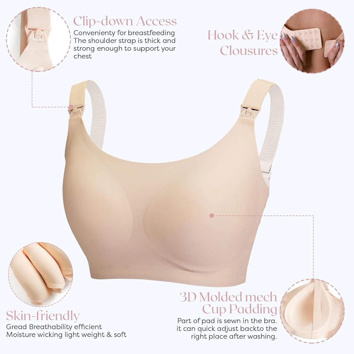 Zomee Ultra Comfort Nursing Bra for Breastfeeding Mom,Pregnancy Secure Wireless Seamless Maternity Bralette Sleeping (Nude)